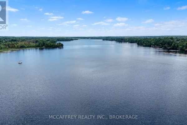 Wooden dock extending into Beaver Lake with a boat docked to the right. - 154 A/b North Beaver Lake Road, Stone Mills