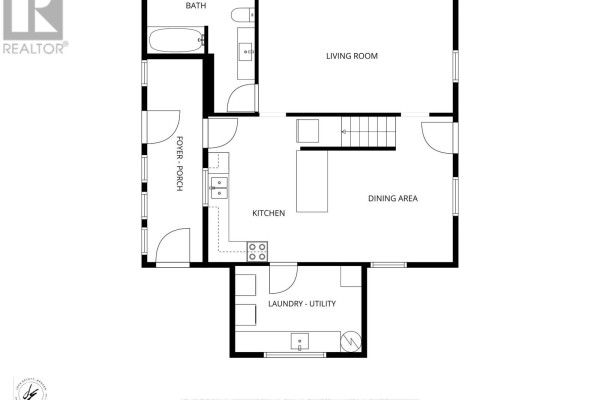 Floor plan showing foyer, kitchen, dining area, living room, bath, and laundry. - 154 Robert Street W, Penetanguishene