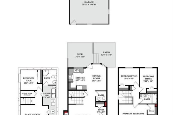Floor plan showing a main level, upper level with bedrooms, and basement with bedrooms and laundry. - 155 Tarington Green Ne, Calgary