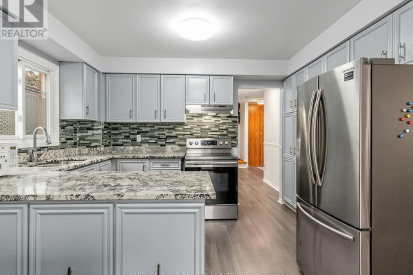 Renovated kitchen with light blue cabinets, granite countertops, and stainless steel appliances - 156 Ravenscroft Road Ajax