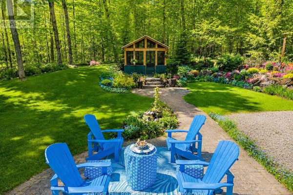 Aerial view of a large house nestled among dense trees on a private wooded lot. - 157 Glen Fiddish Road, West Grey
