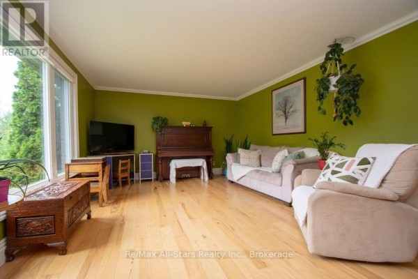 Living room with light wood floors, green walls, sofa, armchair, piano, and large window. - 1571 Elm Tree Road, Kawartha Lakes