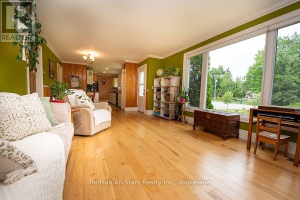 Living room with light wood floors, green walls, large window, and view to kitchen. - 1571 Elm Tree Road, Kawartha Lakes