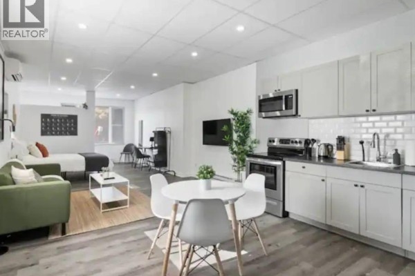 Studio apartment living area with green sofa, white coffee table, and compact kitchen. - 1574 Howard Avenue, Windsor