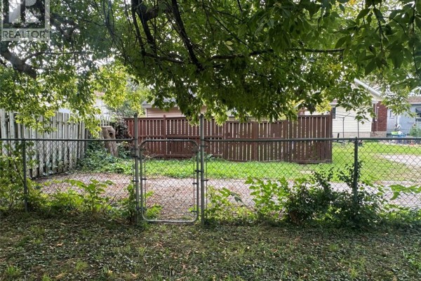 Chain-link fence with metal gate enclosing backyard with mature trees. - 1577 Moy Avenue, Windsor