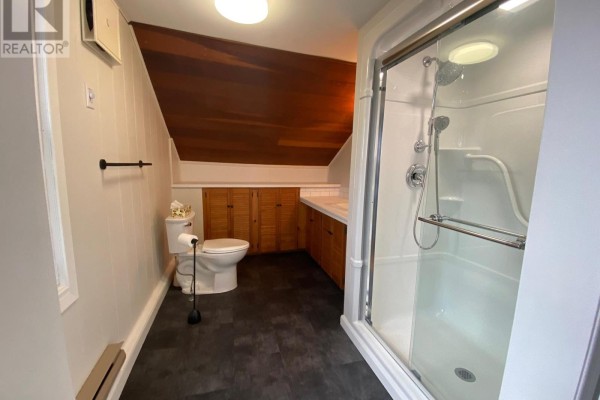 Bathroom with toilet, corner shower stall, and wooden cabinets under sloped ceiling. - 1581 Line 6 Road, Niagara On The Lake