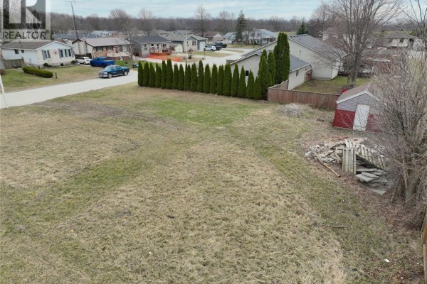 View of a vacant lot with a red shed, green grass, and a line of mature evergreen trees along the property line. - 1583 Councillors Street, Moore Township