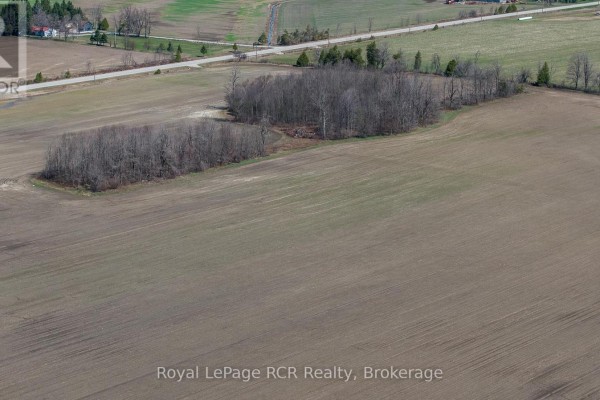 Aerial view of undeveloped land with a small wooded area and cultivated fields stretching towards the horizon. - 158567 Highway 10, Melancthon