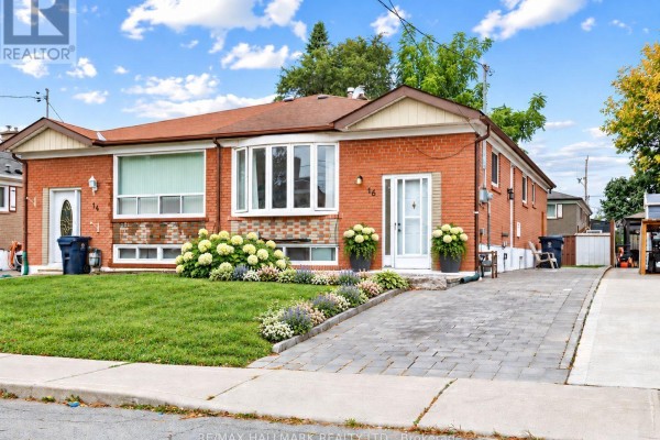 Street view of a brick bungalow with a paved driveway and manicured lawn. - 16 Avis Crescent, Toronto