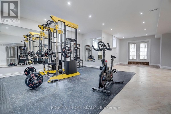 Home gym with weight machine, barbells, stationary bike, and mirrored wall - 16 Fairview Avenue Richmond Hill