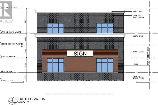 South elevation architectural drawing of a two-story building with dark grey brick and wood siding, showing window and sign placements. - 16 Spencer Street, South Bruce Peninsula