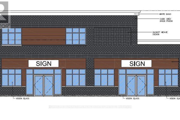 Front elevation architectural drawing of a two-story commercial building with multiple storefronts, featuring dark grey brick and wood siding. - 16 Spencer Street, South Bruce Peninsula