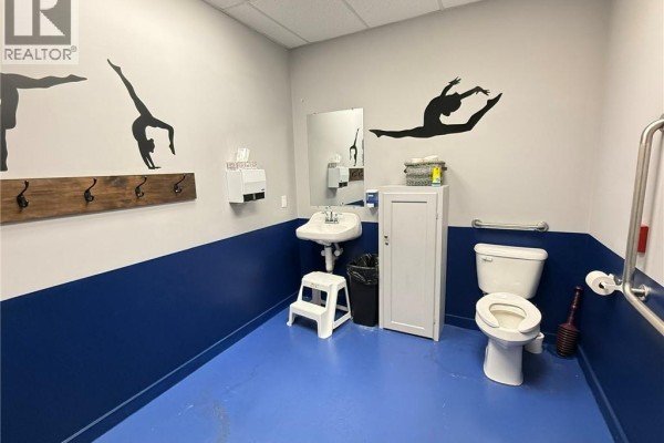 Accessible restroom with toilet, sink, mirror, and gymnastics silhouette decals on gray walls. - 160 Brantwood Park Road Unit# 1a, Brantford