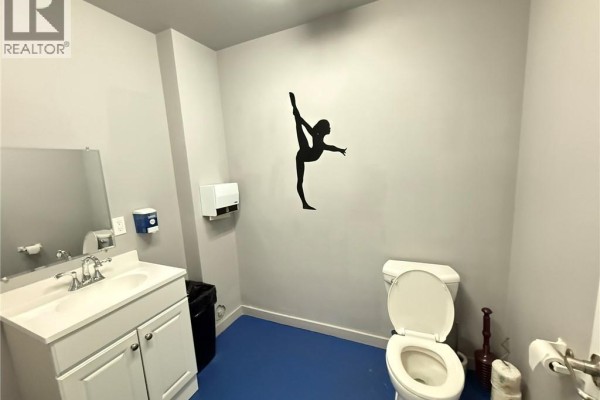 Washroom with a toilet, sink vanity, and wall-mounted gymnastics silhouette decals. - 160 Brantwood Park Road Unit# 1b, Brantford