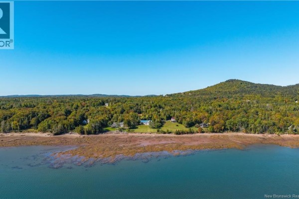 Aerial view of the property situated along a calm body of water with lush green trees. - 160 Harkness Road, Chamcook