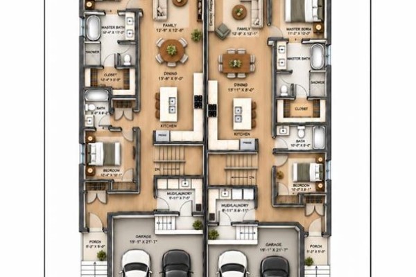 Floor plan of a duplex showing two mirror-image units with kitchens, dining areas, and bedrooms. - 160 Lakewood Crescent, Strathmore