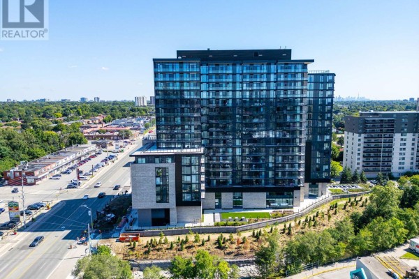 Exterior aerial view of a modern glass and stone apartment building on a sunny day. - 1602 - 86 Dundas Street E, Mississauga