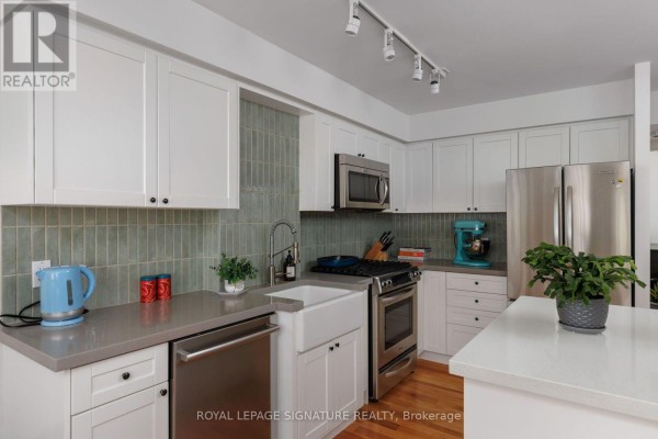Modern kitchen with white cabinets, stainless steel appliances, and a farmhouse sink. - 1606 - 12 Sudbury Street, Toronto