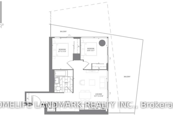 Floor plan of a two-bedroom apartment with balconies, a bathroom, and an open-concept living area. - 1607 - 15 Queens Quay East Street, Toronto