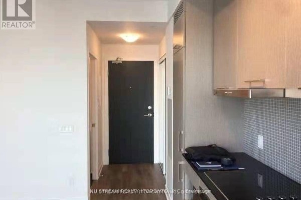 Apartment hallway with dark wood floor, black door, and white walls. - 1609 - 87 Peter Street, Toronto