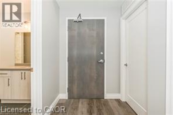 Apartment hallway with grey doors, a closet door, and wood-look flooring. - 161 Ottawa Street S Unit# 203, Kitchener