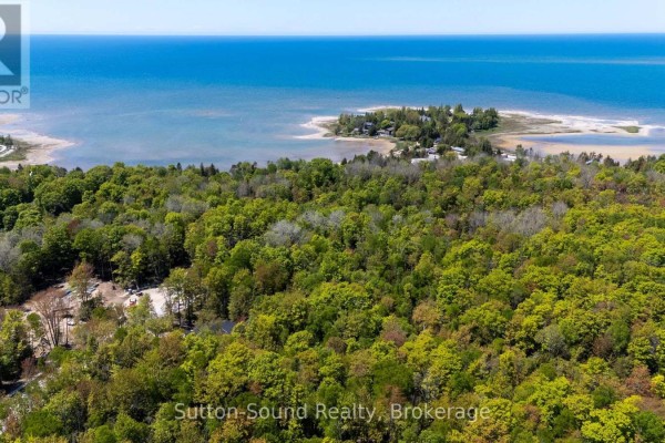 Aerial view over trees towards Lake Huron with a small island and houses. - 162 Miramichi Road, Saugeen Shores