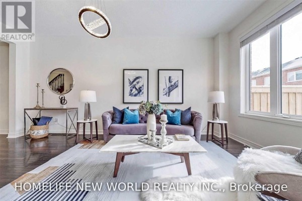 Living room showcasing a purple sofa, modern chandelier, and hardwood floors. - 162 Noah's Farm Trail, Whitchurch Stouffville