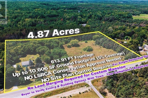 Aerial view of a 4.87-acre property lot outlined in yellow, showing trees and open fields. - 16558 Highway 48, Whitchurch Stouffville