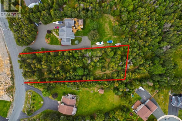 Overhead drone shot of a rectangular land parcel outlined in red, surrounded by trees. - 169-171 Spruce Hill Road, Conception Bay South