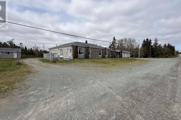 Interior room with patterned wallpaper, purple accent wall, and two doors. - 16989 Highway 7, Pleasant Harbour