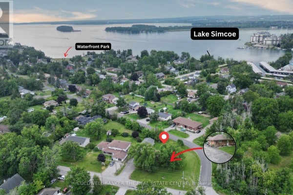 Aerial view of 17 Courtland Street property with proximity to Lake Simcoe. - 17 Courtland Street, Ramara