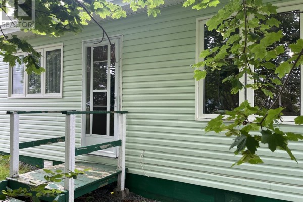 Close-up of the light green vinyl siding on a house, with a white-trimmed door and windows visible. - 17 View Lane, Conception Bay South
