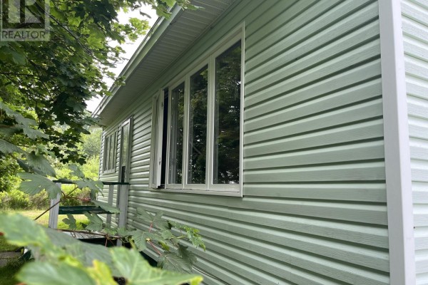 View of the side of a house with light green vinyl siding and multiple windows reflecting trees. - 17 View Lane, Conception Bay South