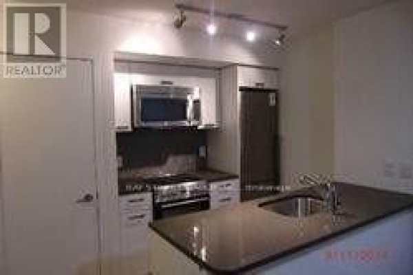 A modern kitchen with stainless steel appliances, a dark granite island, and dark backsplash. - 1710 - 295 Adelaide Street W, Toronto