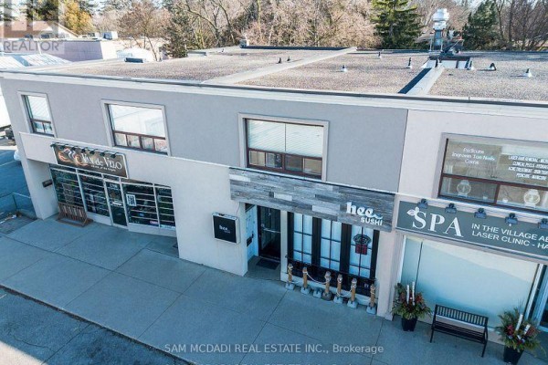 Aerial view of a commercial strip mall featuring storefronts for Van de Velo, Hee Sushi, and a spa. - 1710 Lakeshore Road W, Mississauga