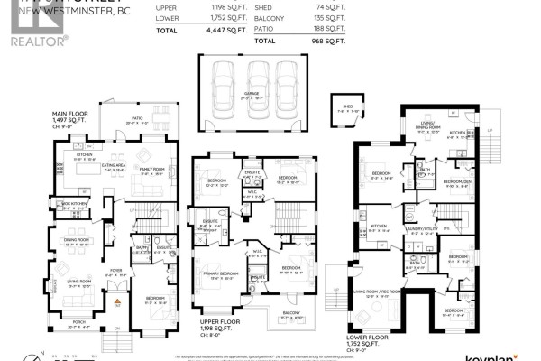Floor plan showing three levels: main, upper, and lower floors, with garage and shed. - 1711 Sixth Avenue, New Westminster