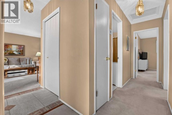 Hallway with beige walls, multiple doors, and carpeted floor leading to rooms with furniture. - 172 Queensland Road Se, Calgary