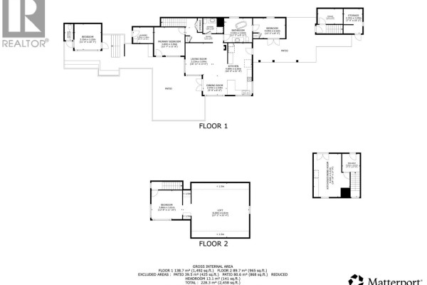 Floor plans for two levels of the house, including rooms, dimensions, and patio areas. - 1726 31 Highway, Queens Bay