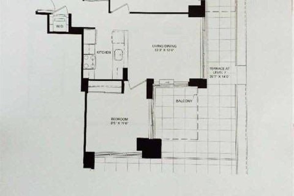 Floor plan of a one-bedroom apartment with living, dining, kitchen, balcony, and terrace. - 1732 - 38 Grand Magazine Street, Toronto
