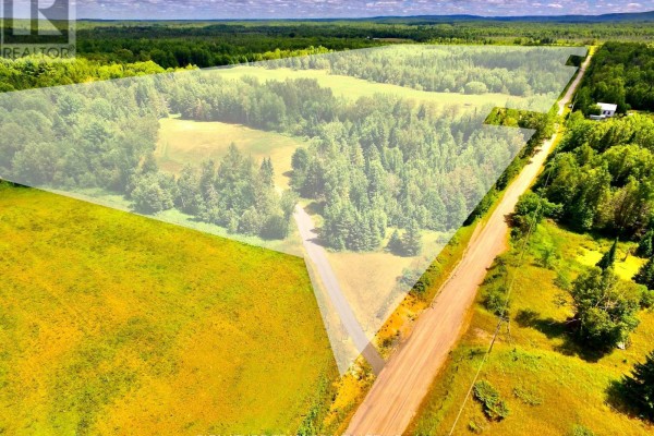 Aerial view of a large grassy area bordered by trees, with a small structure visible. - 174 Budd Road, Bonnechere Valley