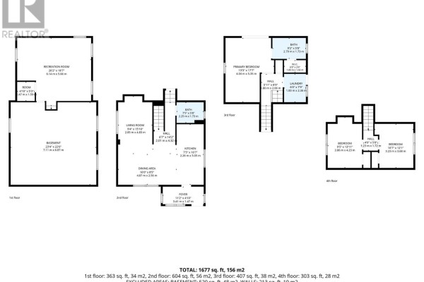 Floor plan for a 1677 sq ft, 4-level house at 174 Seventh Street, Midland. - 174 Seventh Street, Midland