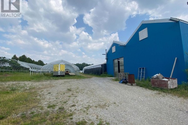 Gravel driveway leading past a blue industrial building towards rows of agricultural greenhouses. - 1753 Windham 9 Road, Norfolk
