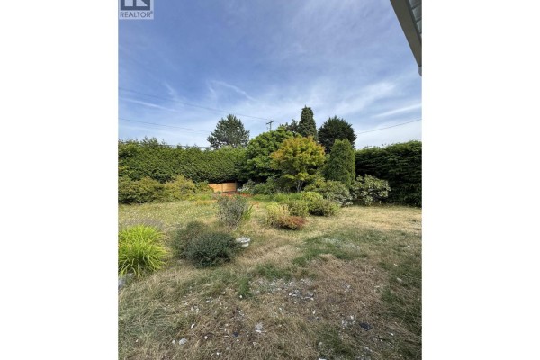 Backyard with green grass, mature trees, shrubs, and landscaping. - 1758b Western Parkway, Vancouver