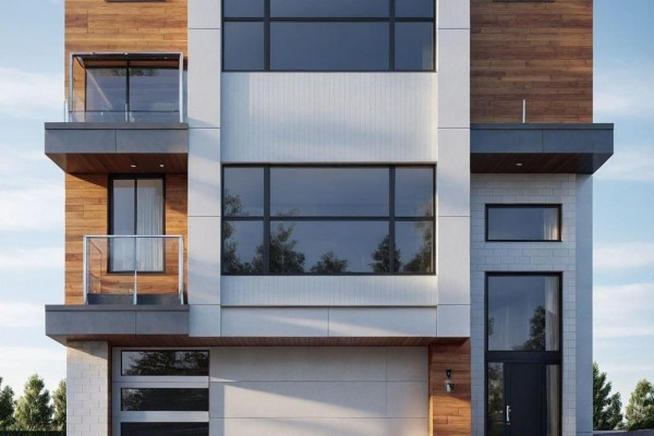 Modern house exterior with wood paneling, large windows, and attached garage. - 175b Lake Shore Drive, Toronto