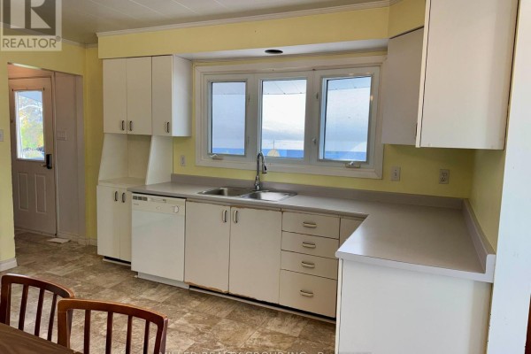 Kitchen area with white cabinets, a double sink, dishwasher, and windows overlooking the exterior. - 177 Georgina Avenue, Temiskaming Shores