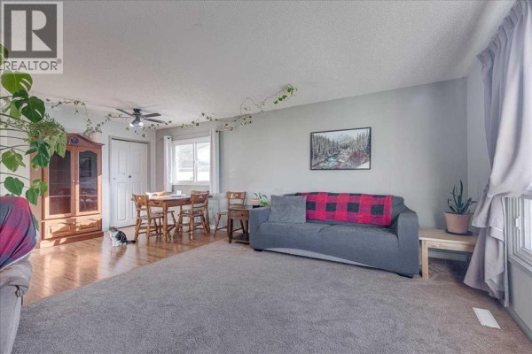 Living and dining area with grey carpet, a grey sofa, a wooden dining set, and a large china cabinet. - 18 Greenham Drive, Red Deer