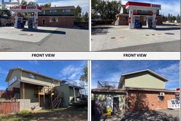 View of Esso station with brick building and large windows - 18 Ponderosa Avenue, Logan Lake