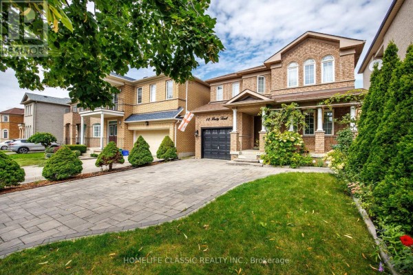 A wider front view shows the brick house, neighboring homes, and the paved driveway. - 18 Rusty Trail, Vaughan