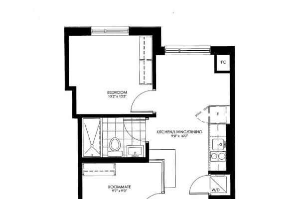Floor plan of a one-bedroom apartment with kitchen, living/dining area, bathroom, and roommate space. - 1812 - 105 Champagne Avenue, Ottawa