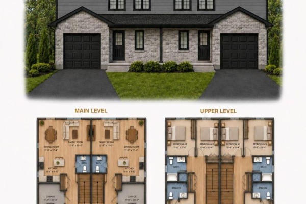 Floor plans for a duplex showing main and upper levels with room dimensions and layouts. - 184 Sweet Grass Drive, Loyalist